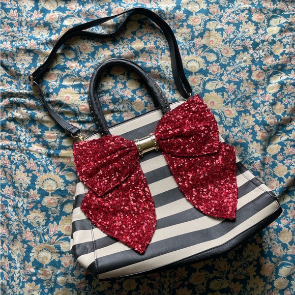 Betsey Johnson Striped Tote Bag with Red Sequin Bow - Picture 1 of 7